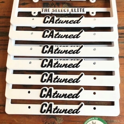 CAtuned License Plate Frame White w/ black lettering