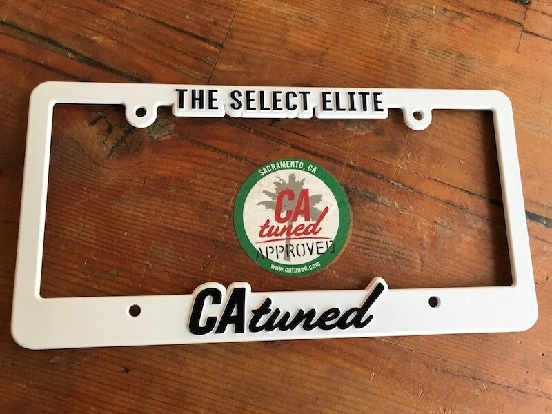 CAtuned License Plate Frame White w/ black lettering